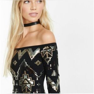 Express Black Off Shoulder Deco Sequined Dress